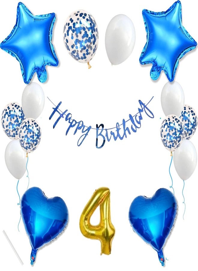 SOI 4th Birthday Decoration Kit for Boys - Blue Happy Birthday Banner, Balloons, Mylar Stars & Hearts, Gold Number 4 Mylar Balloon - Party Supplies - Image 1